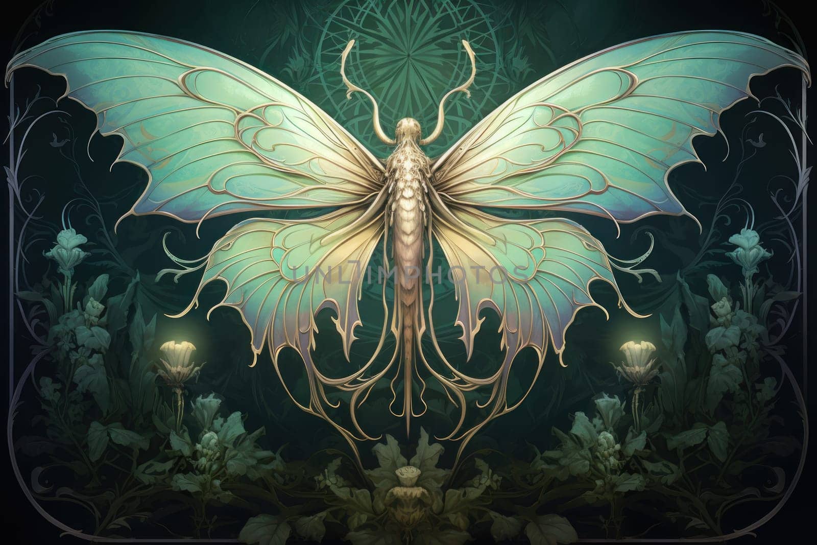 A captivating portrayal of celestial moth guardians, their ethereal presence warding off malevolent spirits with a soft, lunar glow.