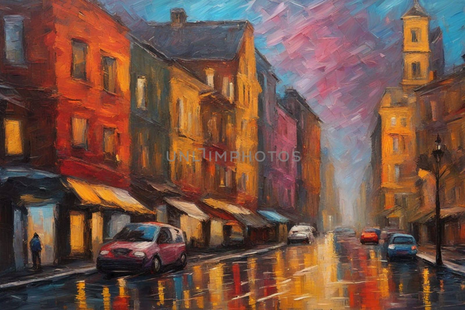 colorful painting illustration of a city at sunset under rain and mist, people walking generative ai art