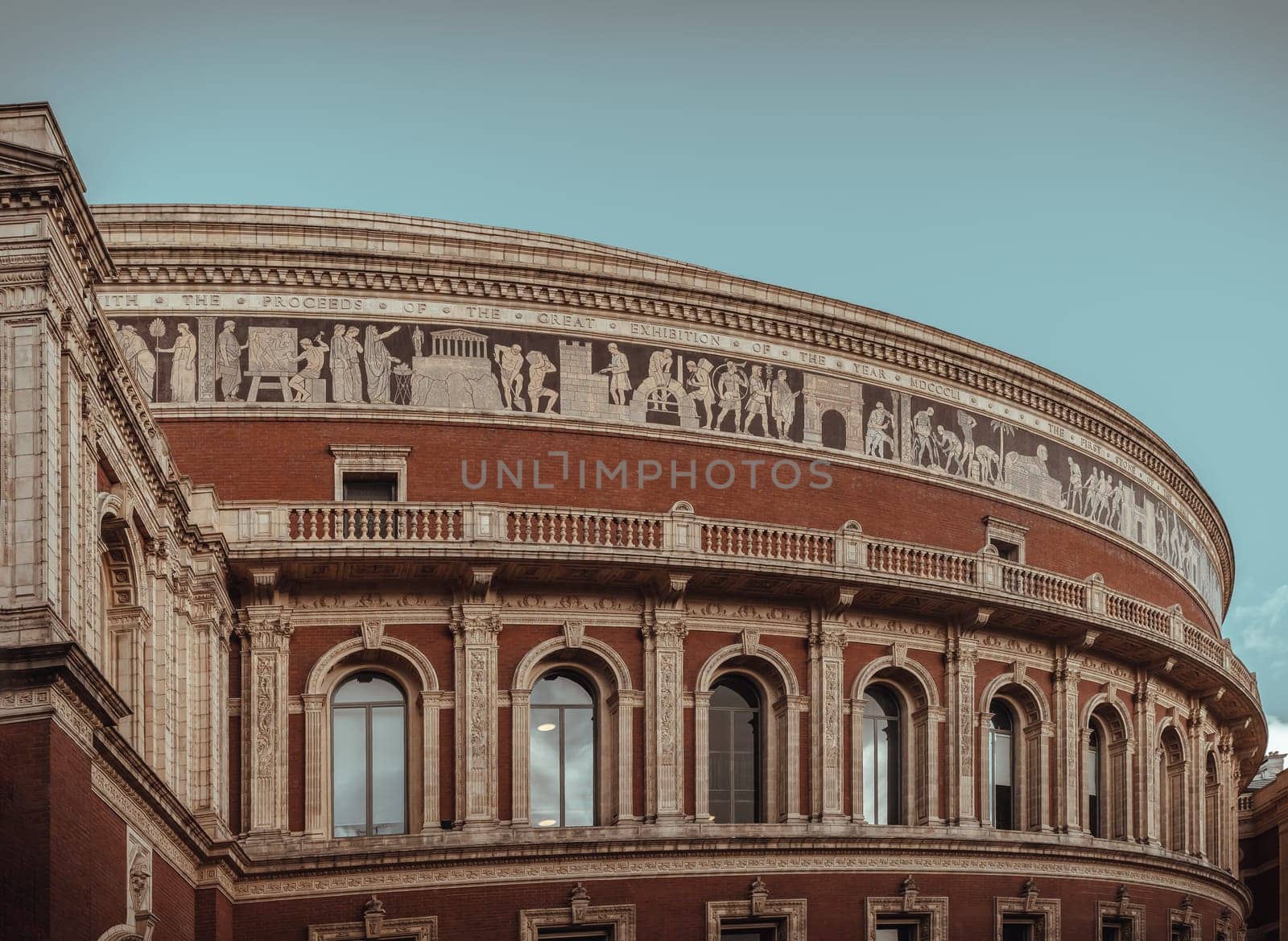 London, UK - Oct 24, 2023 - Architecture exterior design of Royal albert hall in South kensington. London, UK. Space for text, Selective focus.