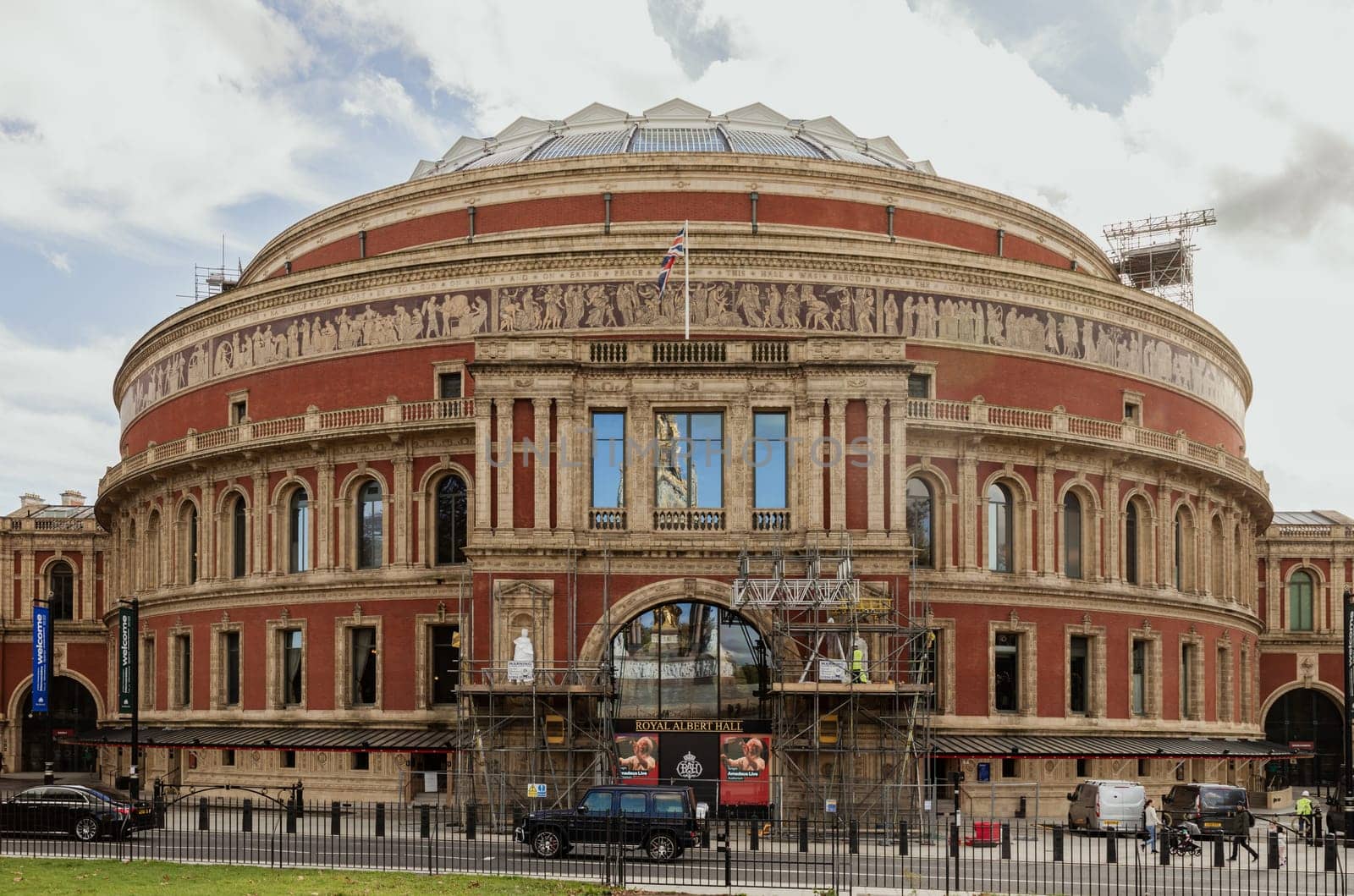 London, UK - Oct 24, 2023 - Architecture exterior design of Royal albert hall in South kensington. London, UK. Space for text, Selective focus.
