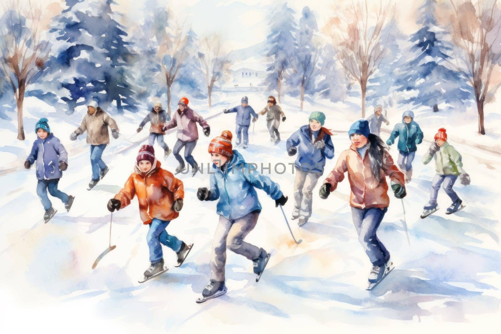 A dynamic portrayal of the exhilarating winter season, featuring individuals engaged in a range of invigorating activities such as skiing, snowboarding, and ice skating.