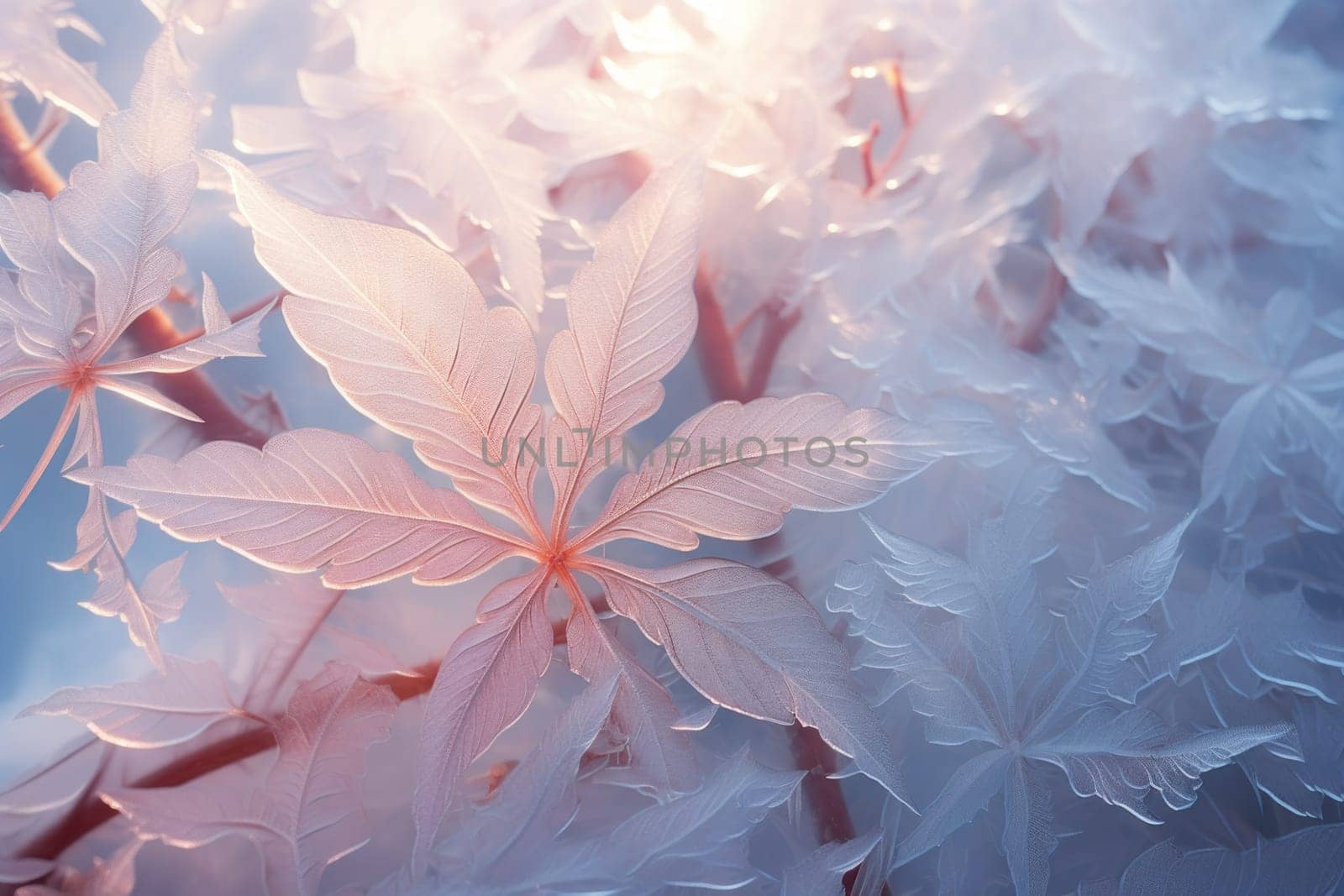 An exquisite display of artistry, capturing the intricate and mesmerizing patterns formed by frost on windows, leaves, and various surfaces through the lens of macro photography, resulting in striking and abstract visual compositions.