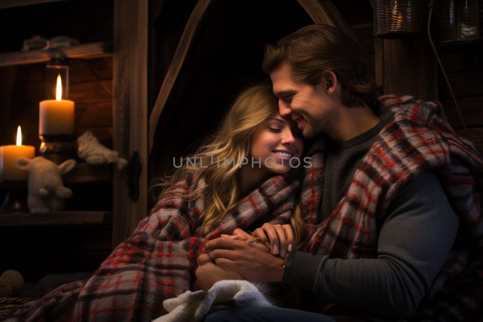 A heartwarming depiction of the winter season's charm, with individuals captured indoors, basking by a crackling fire, indulging in hot cocoa, or cocooned in soft blankets.