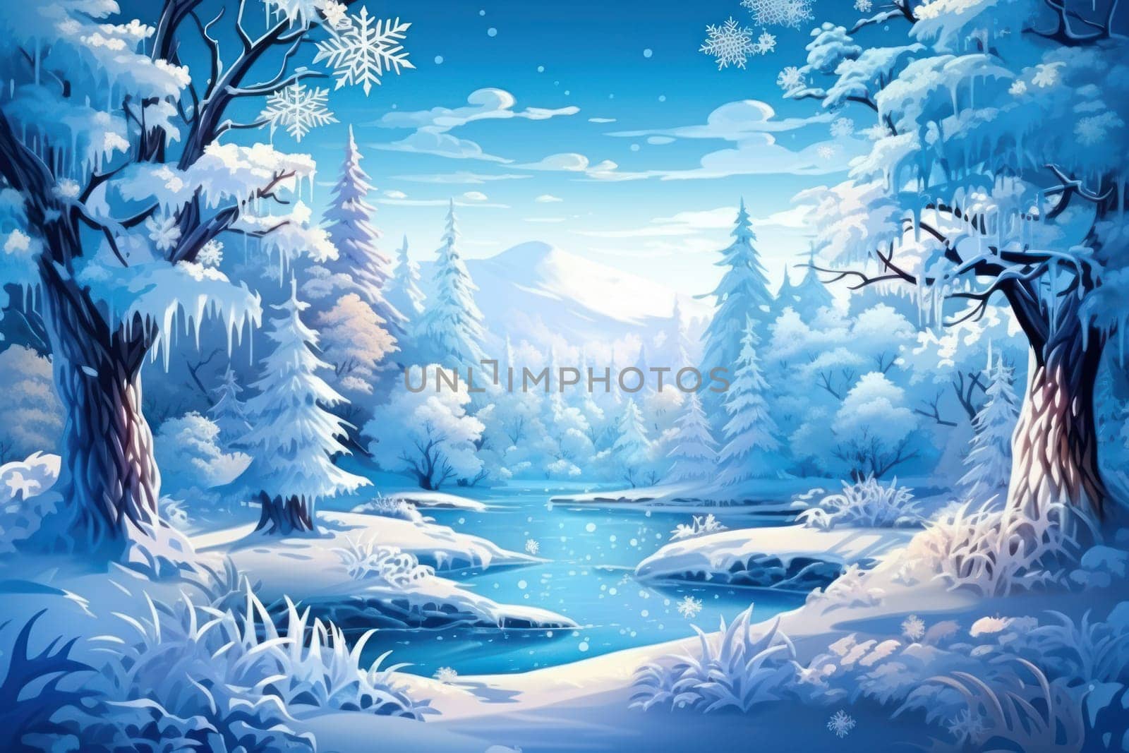A captivating artistic portrayal of the enchanting winter season, where landscapes are magically transformed into a wonderland adorned with shimmering snow and sparkling icicles.