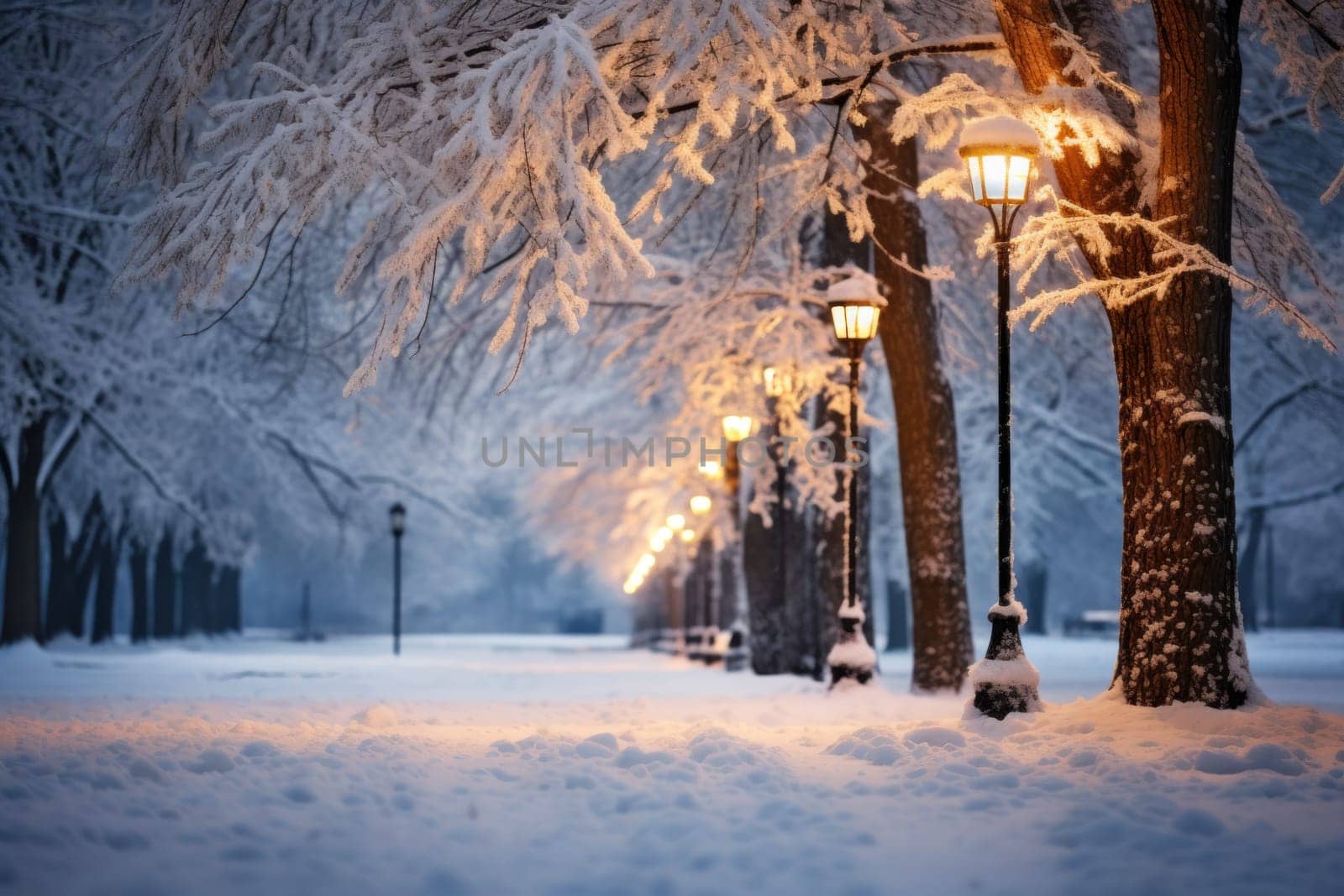 An exquisite winter composition, expertly capturing the tranquil allure of recently fallen snow draping over trees, landscapes, and architectural structures.