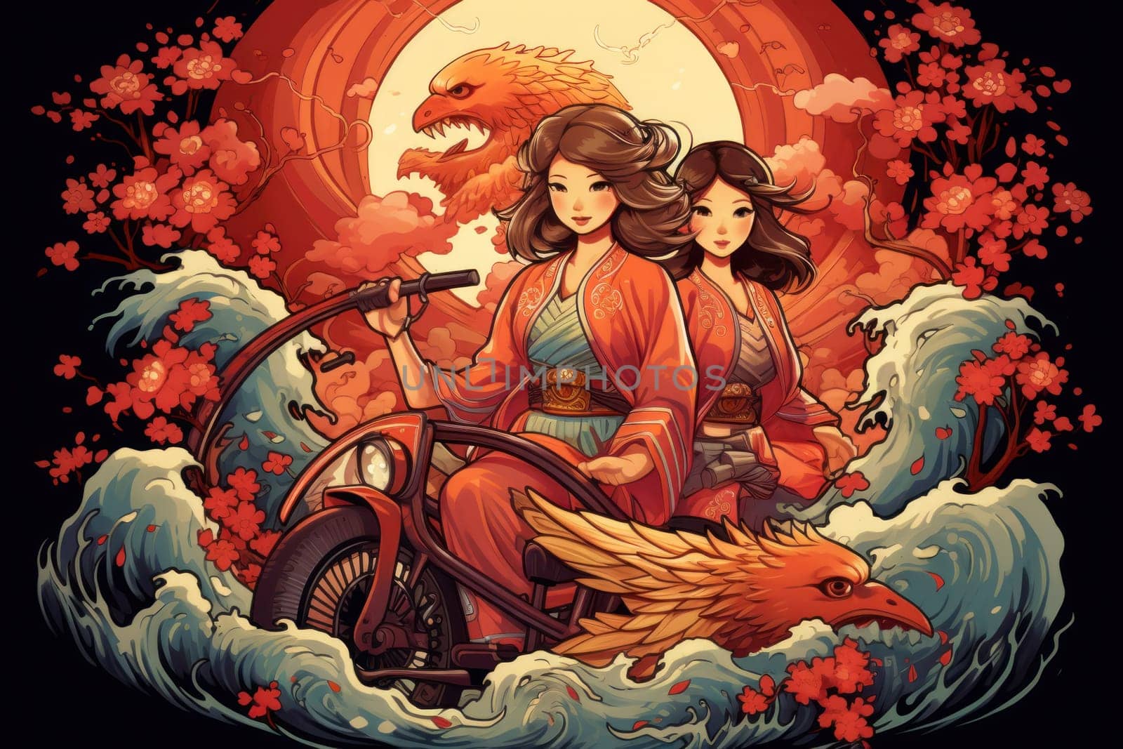 An awe-inspiring portrayal of fabled phoenix riders, gracefully soaring through the skies astride magnificent fiery avian creatures.