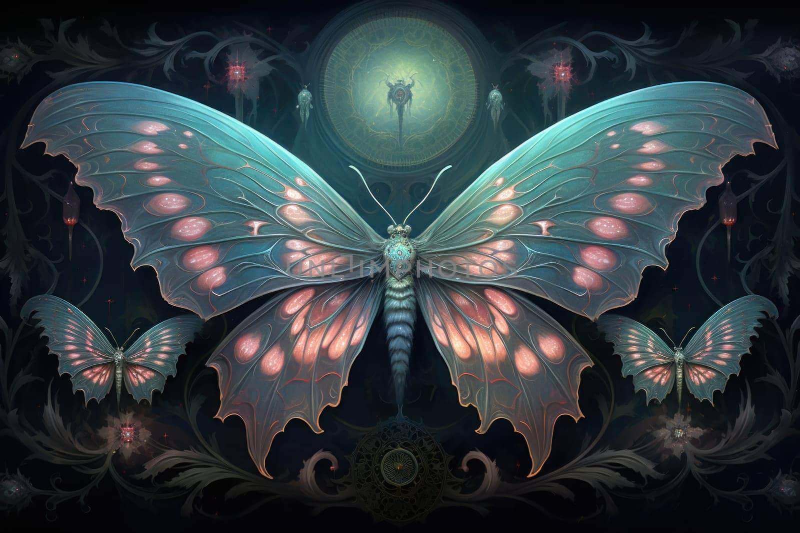 A captivating portrayal of celestial moth guardians, their ethereal presence warding off malevolent spirits with a soft, lunar glow.
