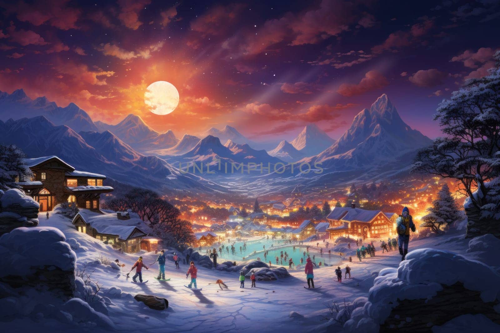A dynamic portrayal of the exhilarating winter season, featuring individuals engaged in a range of invigorating activities such as skiing, snowboarding, and ice skating.