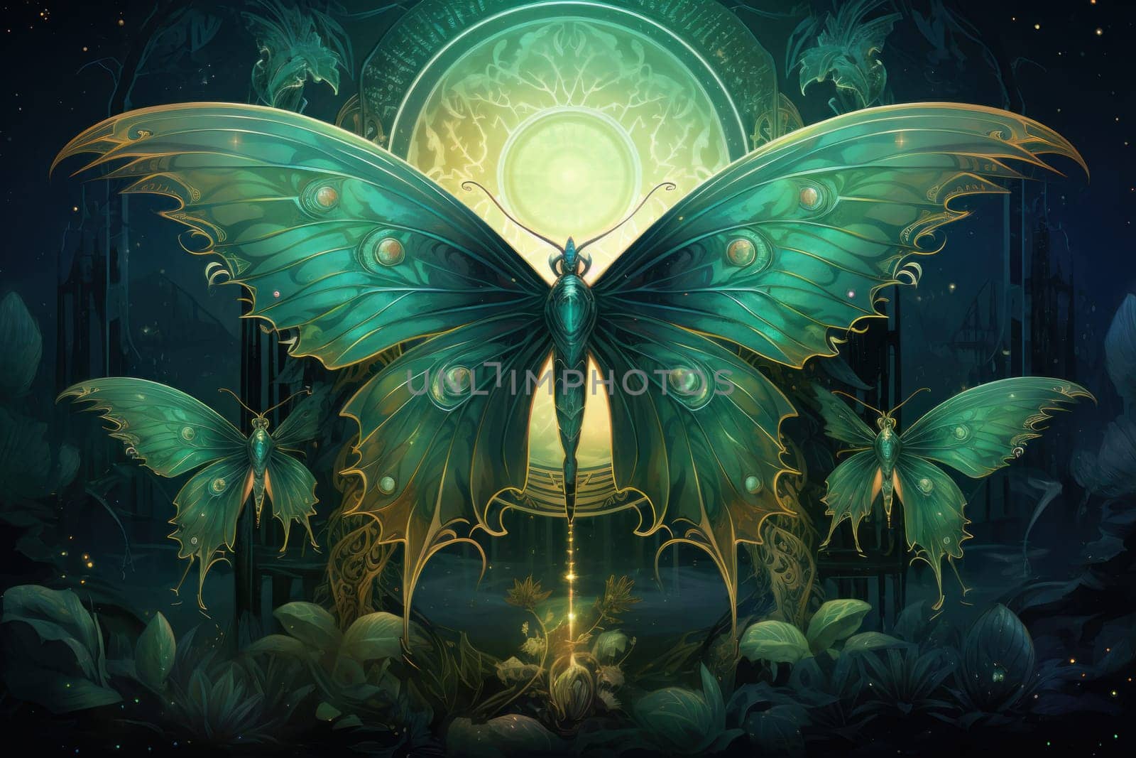 A captivating portrayal of celestial moth guardians, their ethereal presence warding off malevolent spirits with a soft, lunar glow.