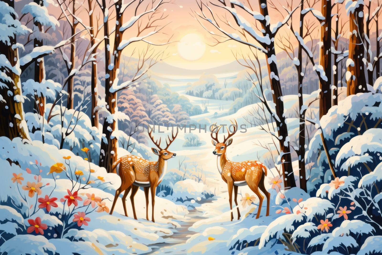 An enchanting winter tableau, showcasing the grace and resilience of wildlife, including deer, birds, and squirrels, in their natural habitats during the frosty season.