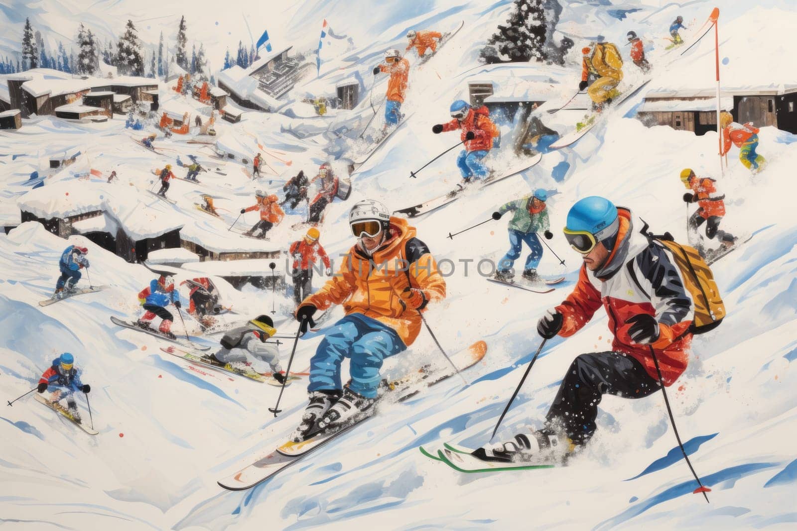 A dynamic portrayal of the exhilarating winter season, featuring individuals engaged in a range of invigorating activities such as skiing, snowboarding, and ice skating.