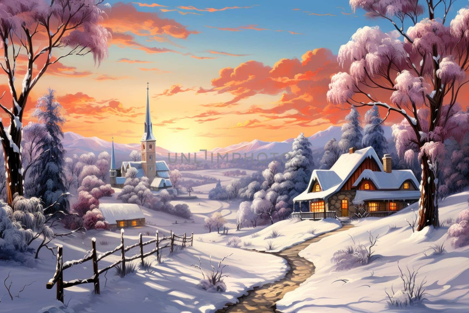 An exquisite winter composition, expertly capturing the tranquil allure of recently fallen snow draping over trees, landscapes, and architectural structures.