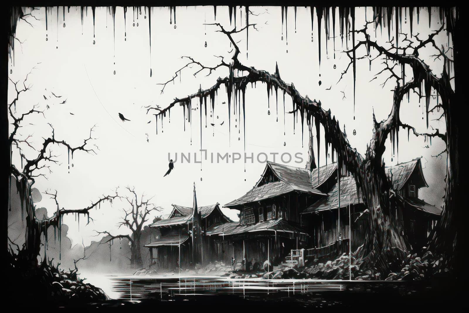 A remarkable portrayal of winter's allure, focusing on the glistening, see-through charm of icicles suspended from rooftops and tree limbs, showcasing their sparkling and crystalline elegance.