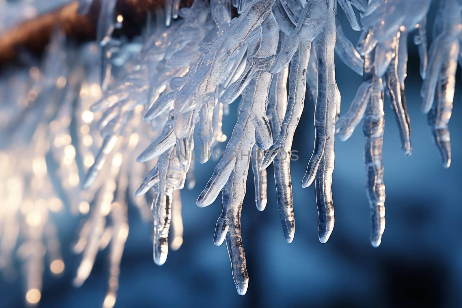 A remarkable portrayal of winter's allure, focusing on the glistening, see-through charm of icicles suspended from rooftops and tree limbs, showcasing their sparkling and crystalline elegance.