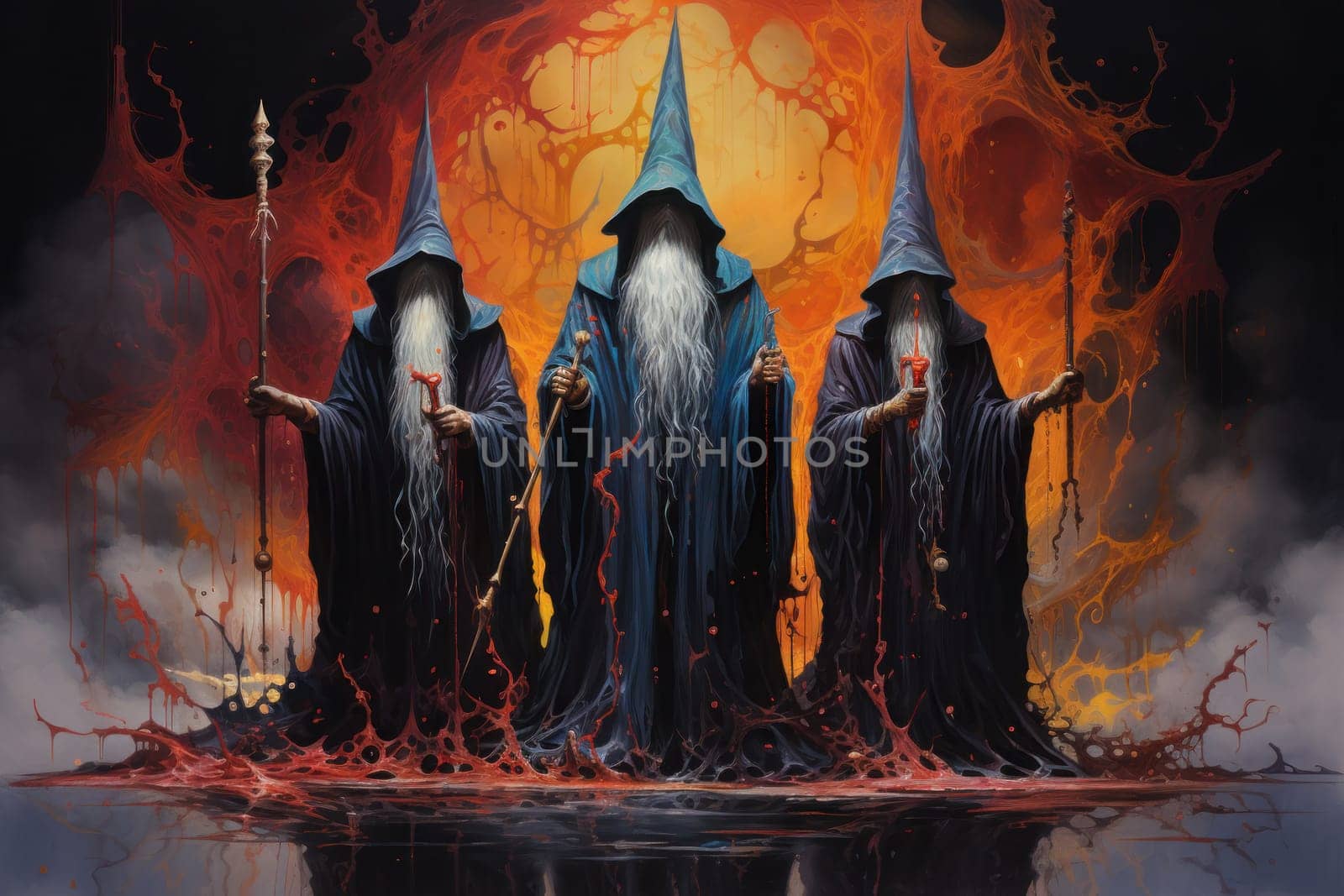 A mesmerizing portrayal of venerable and formidable wizards, exuding wisdom as they masterfully cast intricate arcane spells, wielding ancient staffs adorned with mystic runes.