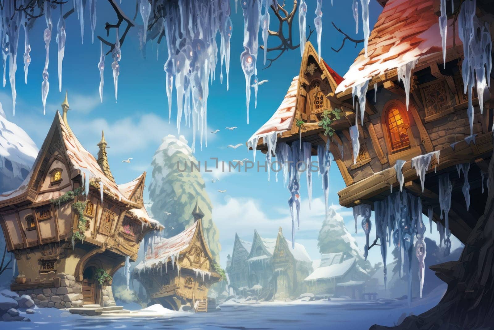 A remarkable portrayal of winter's allure, focusing on the glistening, see-through charm of icicles suspended from rooftops and tree limbs, showcasing their sparkling and crystalline elegance.