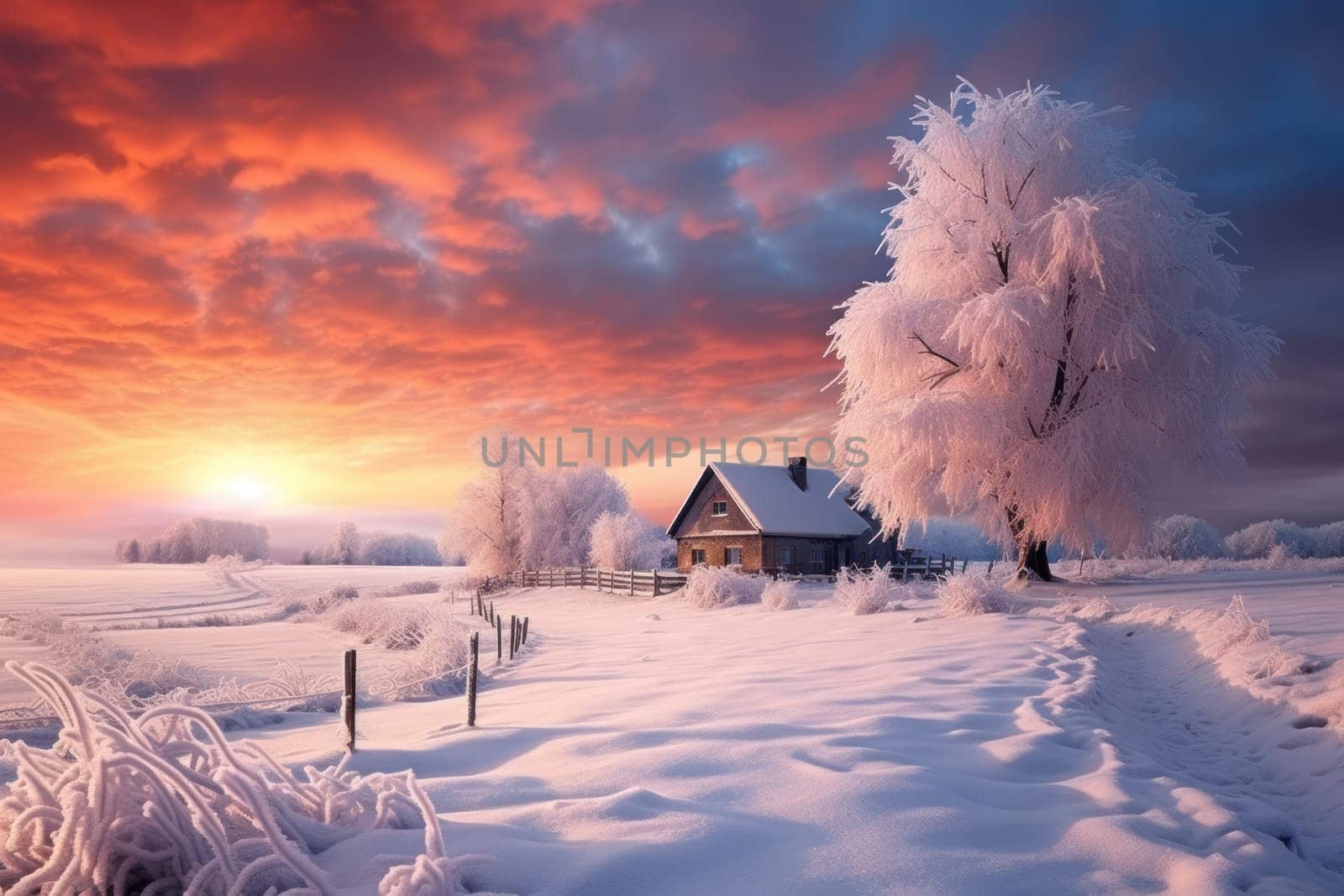 An exquisite winter composition, expertly capturing the tranquil allure of recently fallen snow draping over trees, landscapes, and architectural structures.