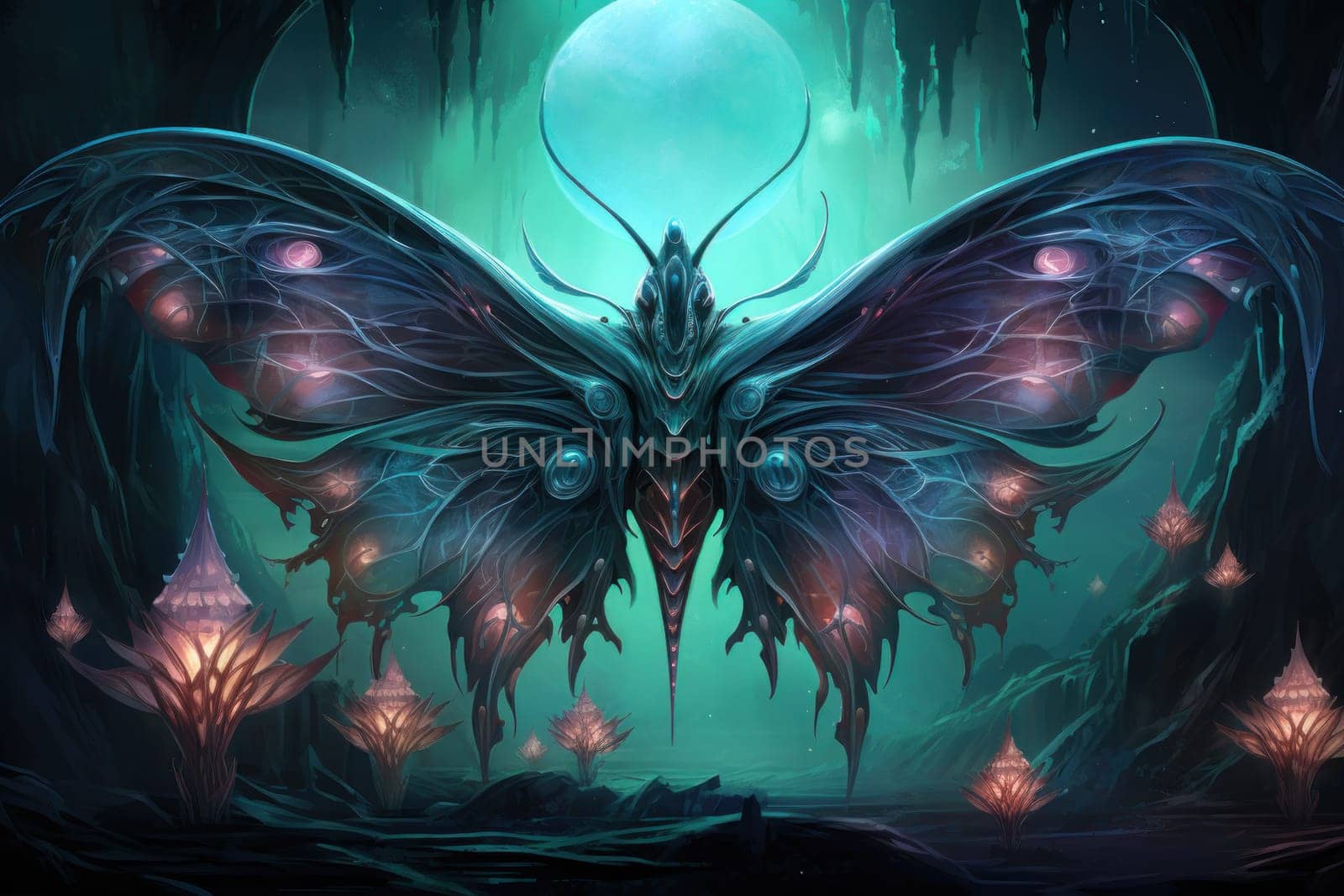 A captivating portrayal of celestial moth guardians, their ethereal presence warding off malevolent spirits with a soft, lunar glow.
