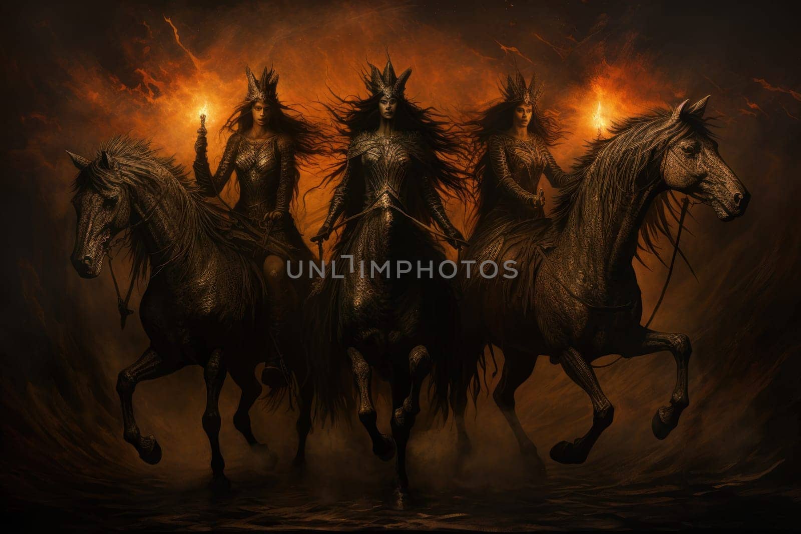 An awe-inspiring portrayal of fabled phoenix riders, gracefully soaring through the skies astride magnificent fiery avian creatures.