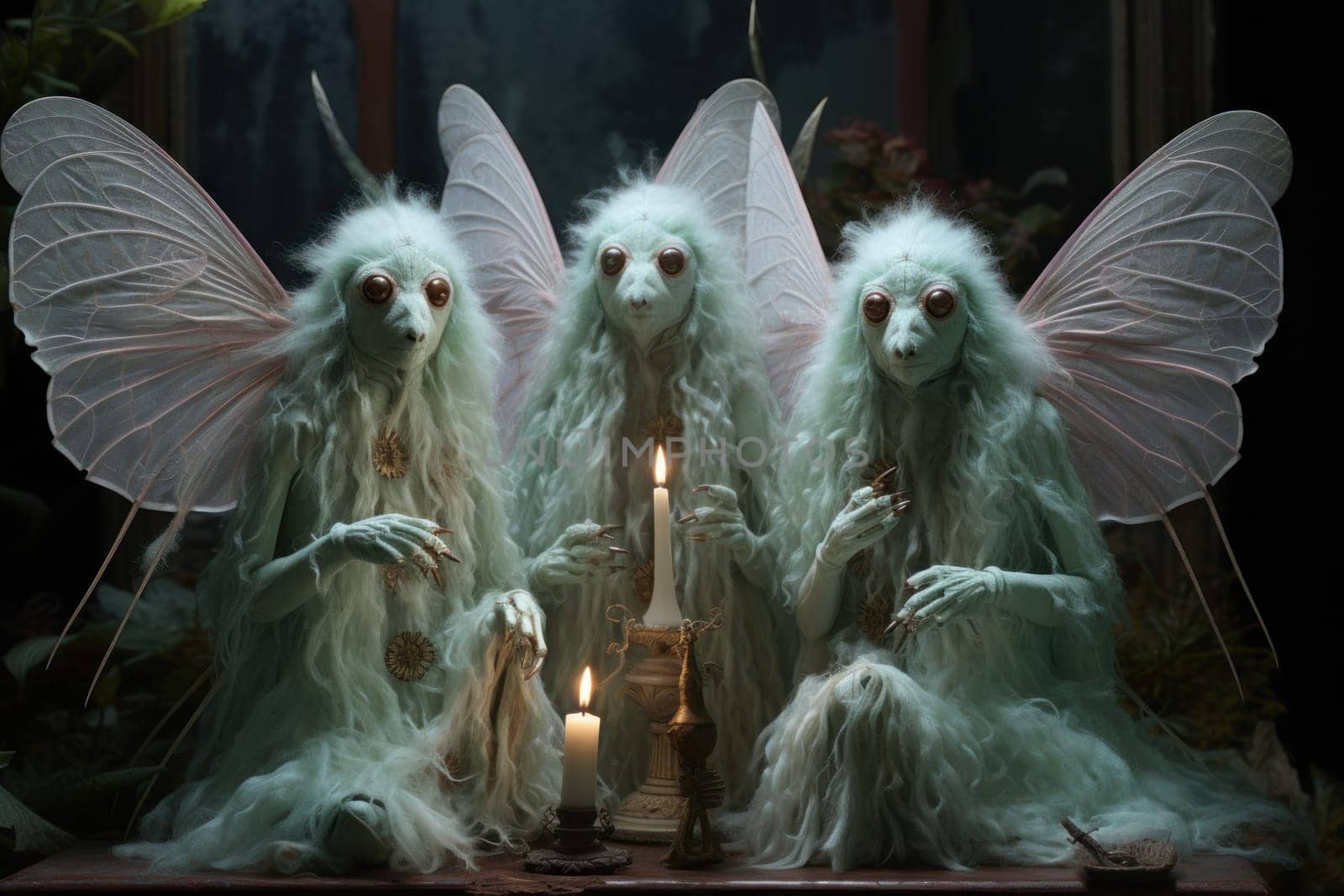 A captivating portrayal of celestial moth guardians, their ethereal presence warding off malevolent spirits with a soft, lunar glow.