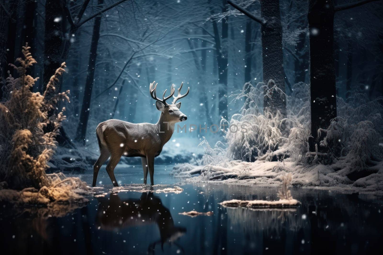 An enchanting winter tableau, showcasing the grace and resilience of wildlife, including deer, birds, and squirrels, in their natural habitats during the frosty season.