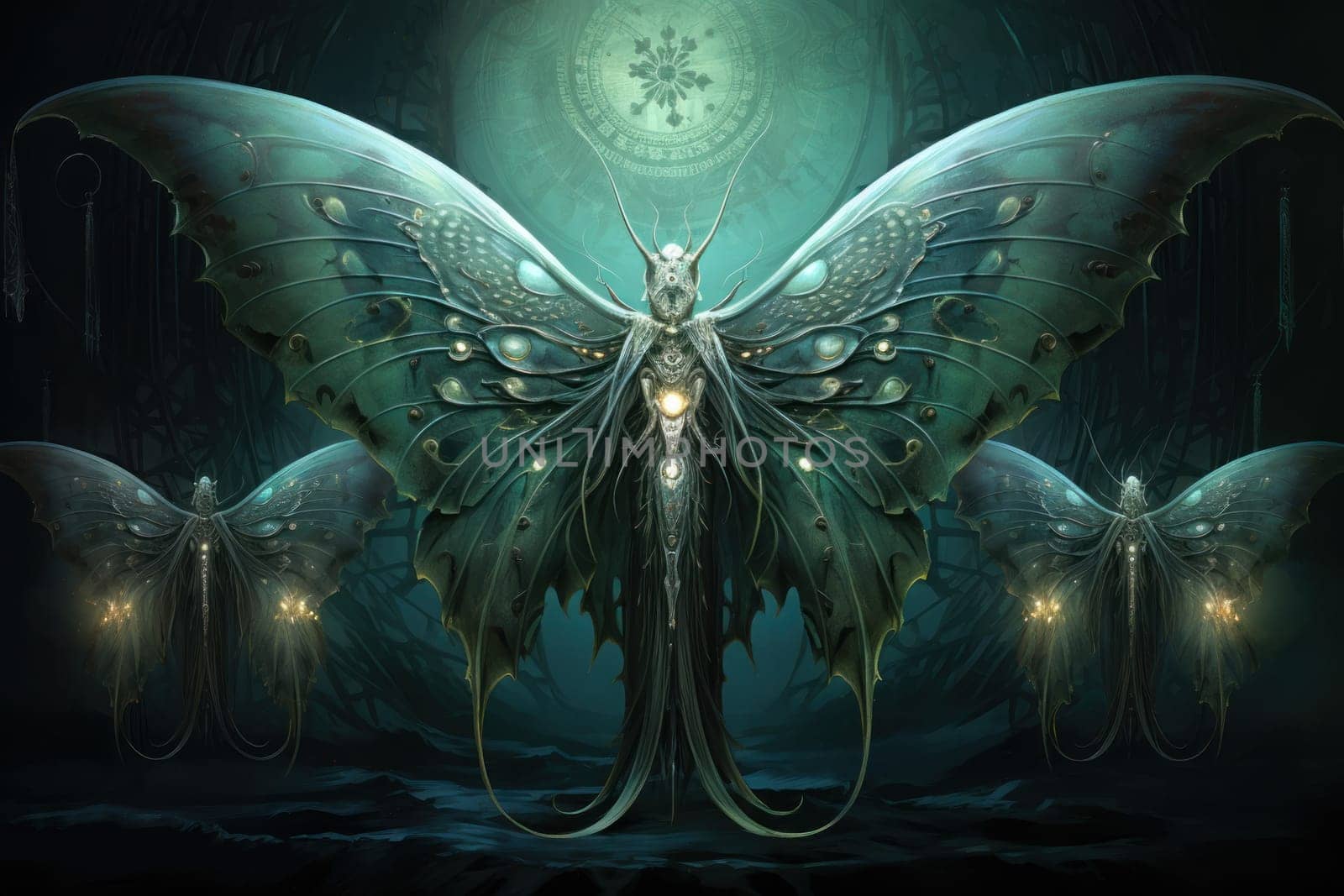 A captivating portrayal of celestial moth guardians, their ethereal presence warding off malevolent spirits with a soft, lunar glow.