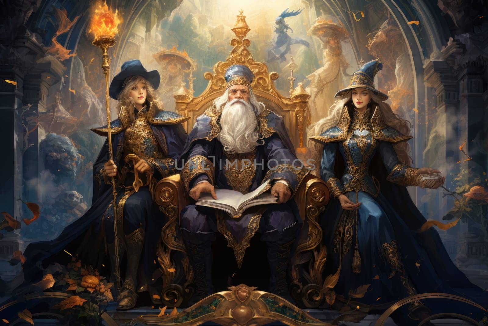 A mesmerizing portrayal of venerable and formidable wizards, exuding wisdom as they masterfully cast intricate arcane spells, wielding ancient staffs adorned with mystic runes.
