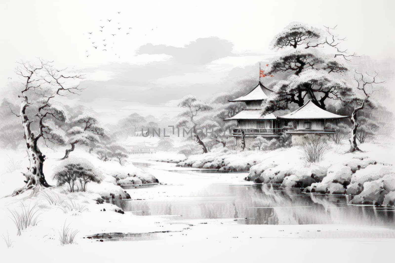 An exquisite winter composition, expertly capturing the tranquil allure of recently fallen snow draping over trees, landscapes, and architectural structures.