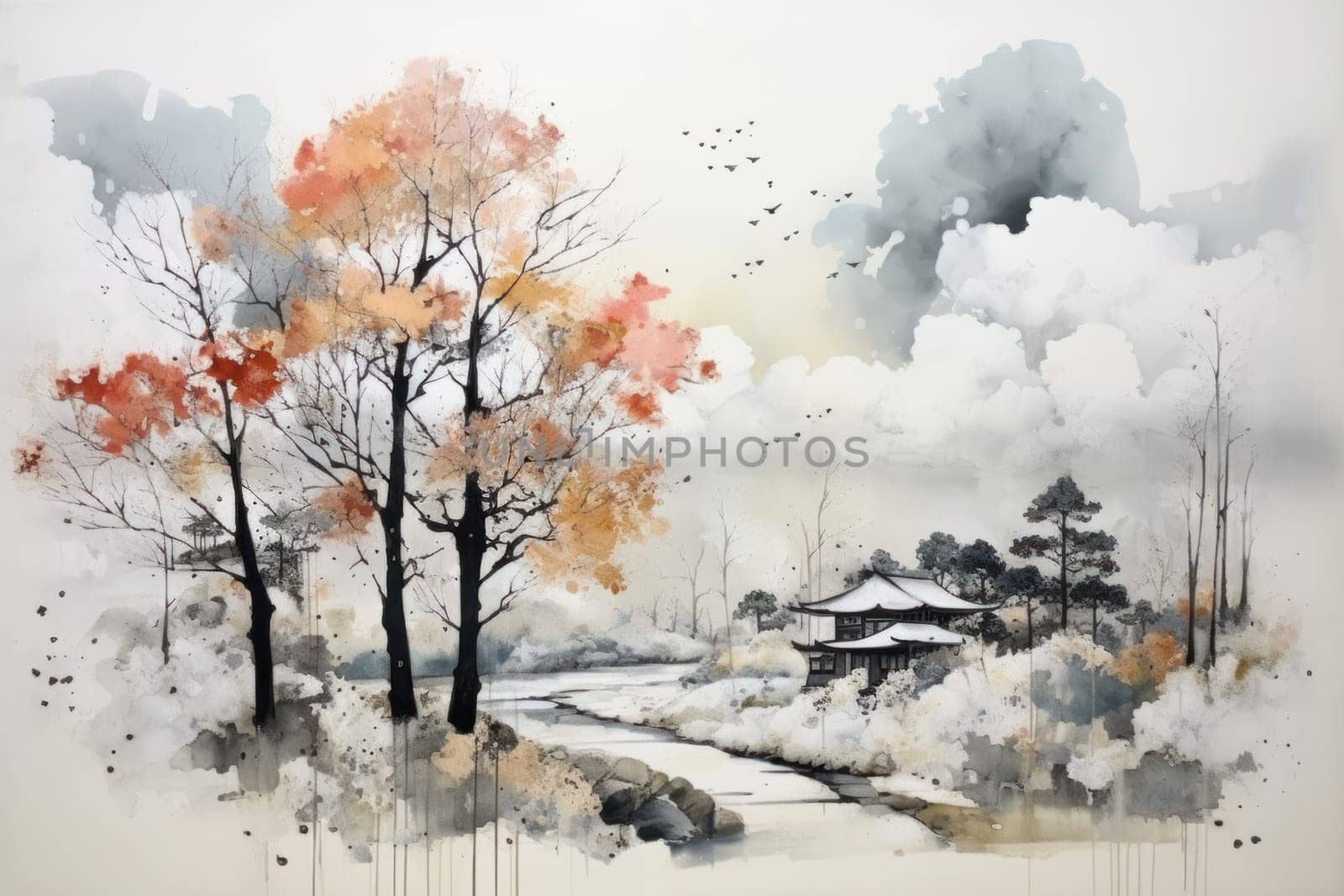 An exquisite winter composition, expertly capturing the tranquil allure of recently fallen snow draping over trees, landscapes, and architectural structures.