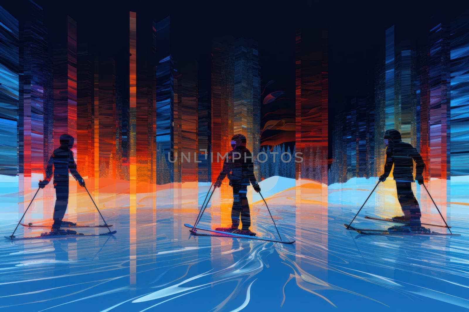 A dynamic portrayal of the exhilarating winter season, featuring individuals engaged in a range of invigorating activities such as skiing, snowboarding, and ice skating.