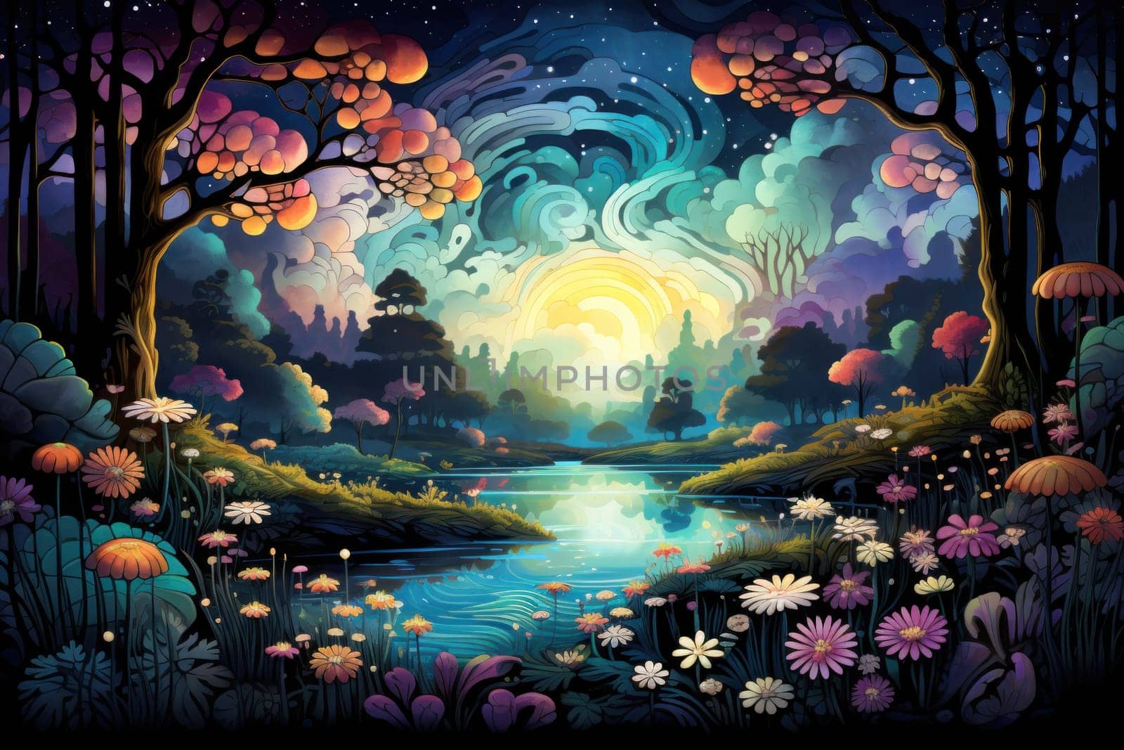 An enchanting portrayal of tranquil moonlit meadows, where dreams materialize and aspirations come to life.