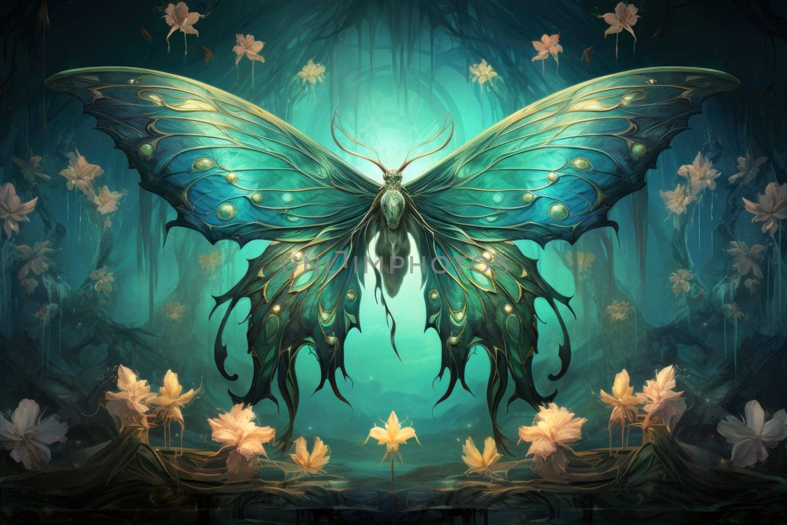 A captivating portrayal of celestial moth guardians, their ethereal presence warding off malevolent spirits with a soft, lunar glow.