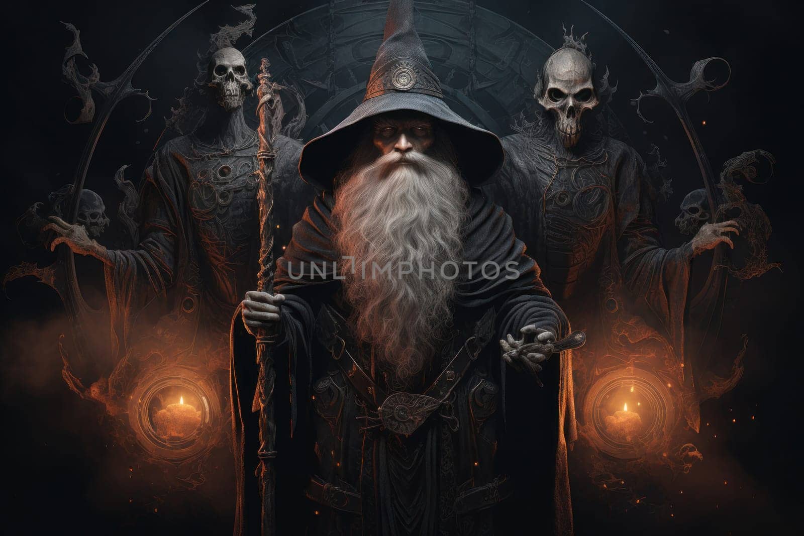 A mesmerizing portrayal of venerable and formidable wizards, exuding wisdom as they masterfully cast intricate arcane spells, wielding ancient staffs adorned with mystic runes.