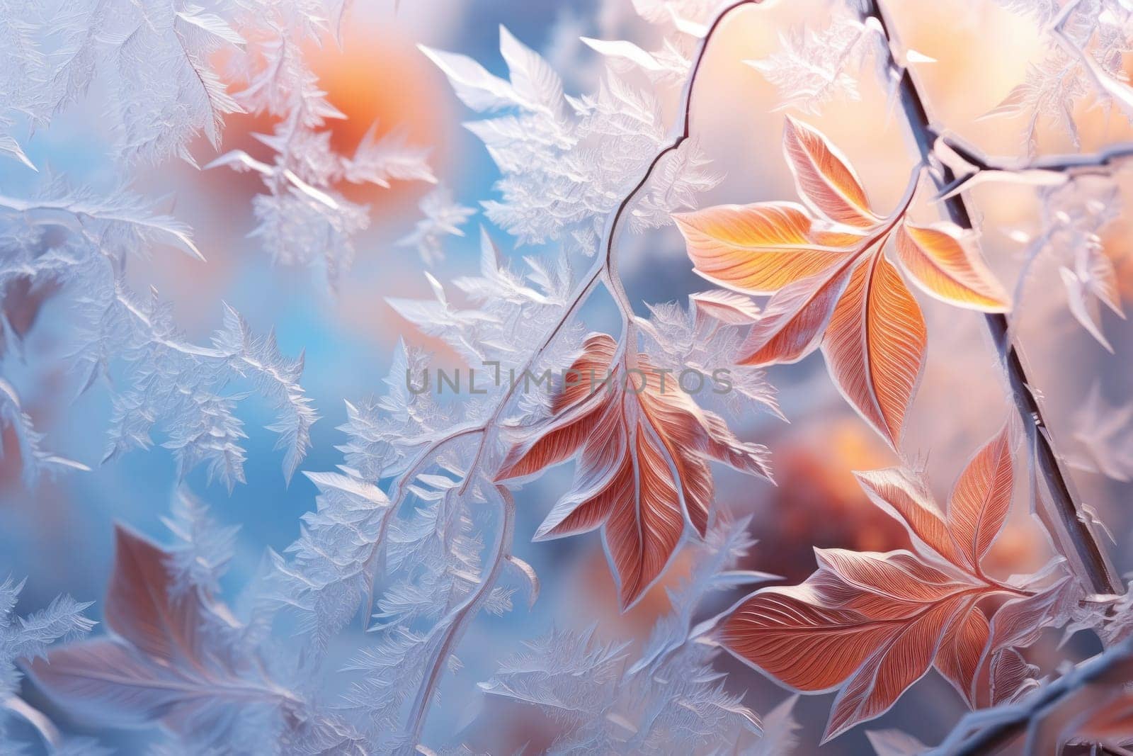 An exquisite display of artistry, capturing the intricate and mesmerizing patterns formed by frost on windows, leaves, and various surfaces through the lens of macro photography, resulting in striking and abstract visual compositions.