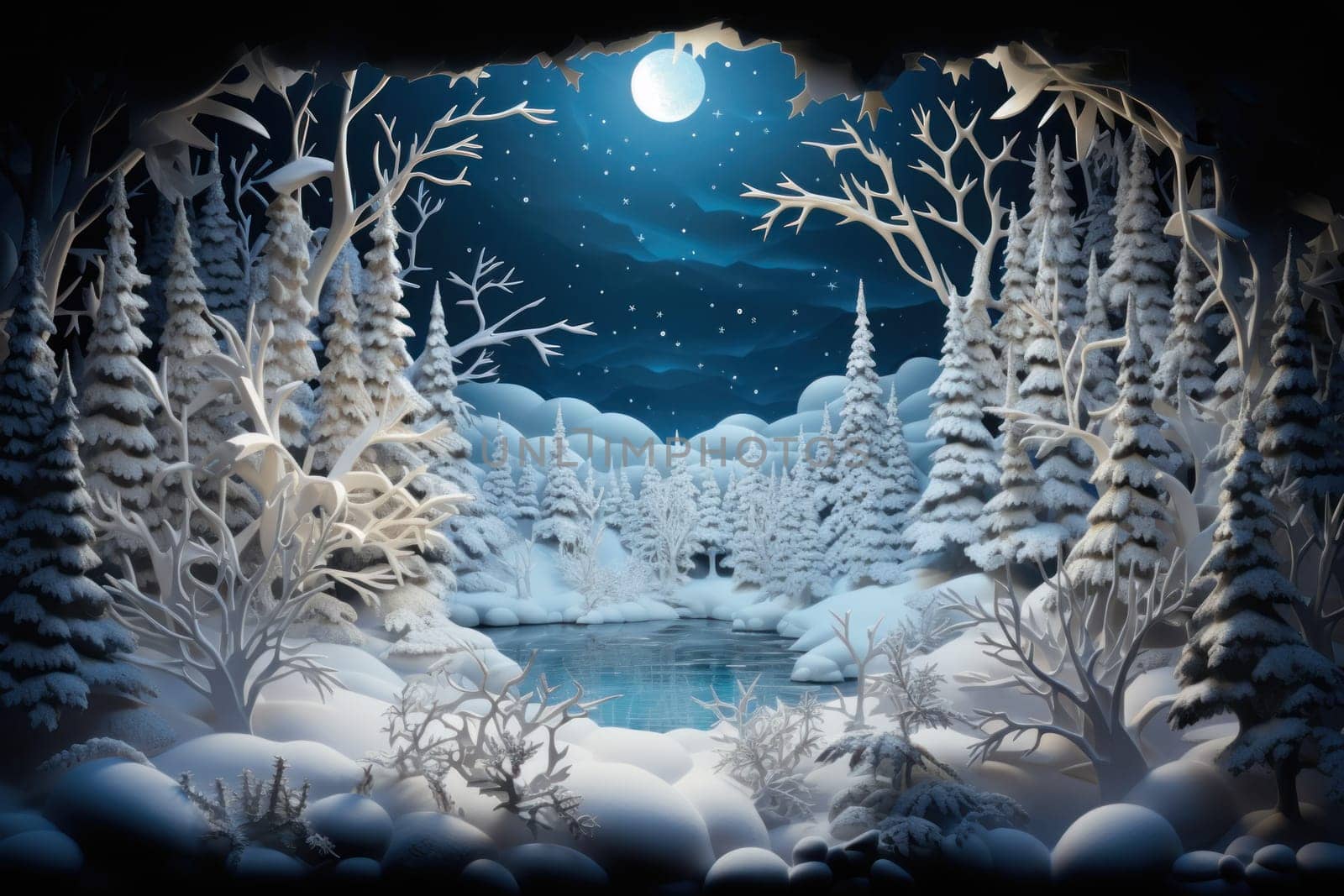 A captivating artistic portrayal of the enchanting winter season, where landscapes are magically transformed into a wonderland adorned with shimmering snow and sparkling icicles.