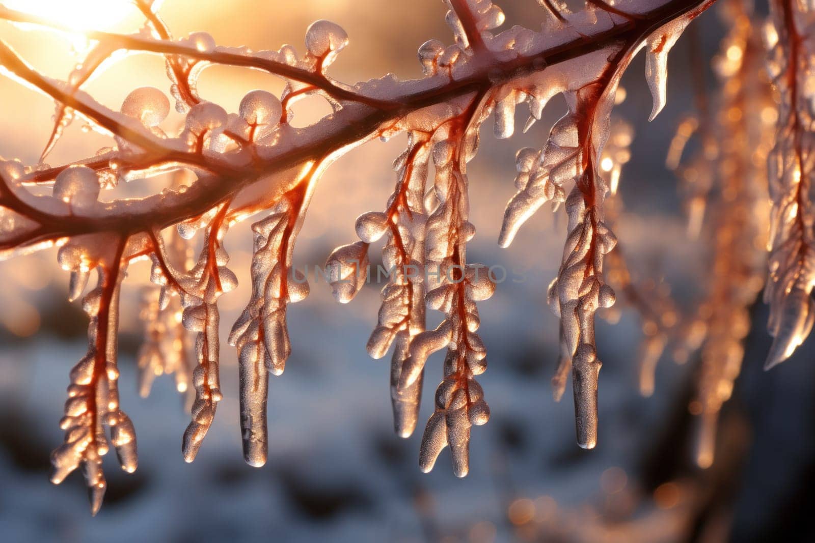 A remarkable portrayal of winter's allure, focusing on the glistening, see-through charm of icicles suspended from rooftops and tree limbs, showcasing their sparkling and crystalline elegance.