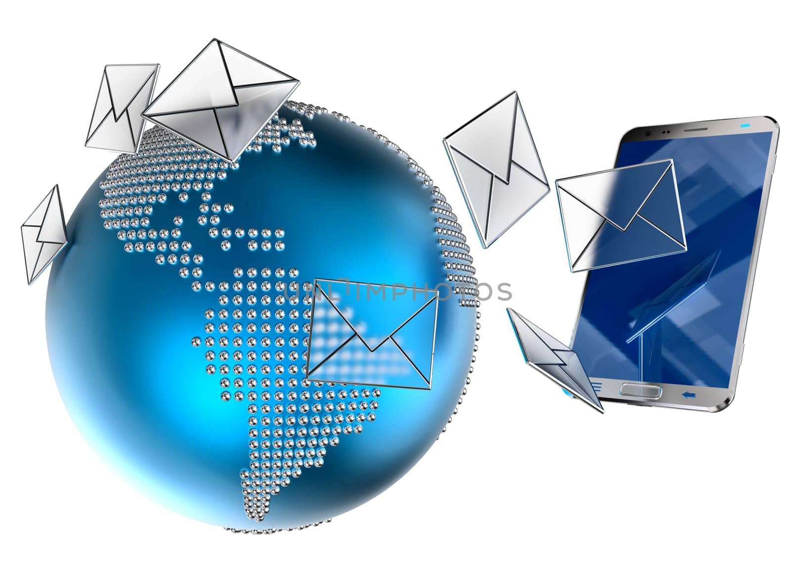 A lot of envelopes, as e-mail or sms, sent to the mobile phone on white background. 3d illustration concept background.