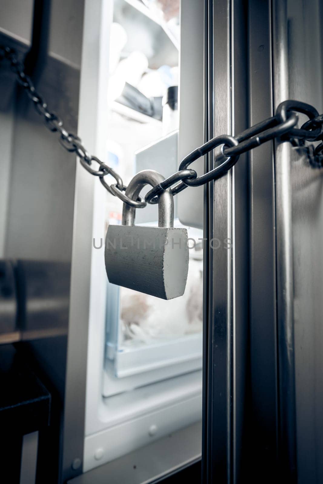 Closeup photo of metal lock hanging on refrigerator door