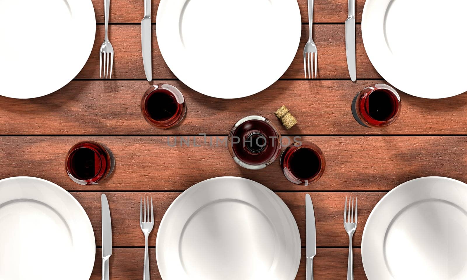 Knife, fork, glasses and white dishes on the dining table