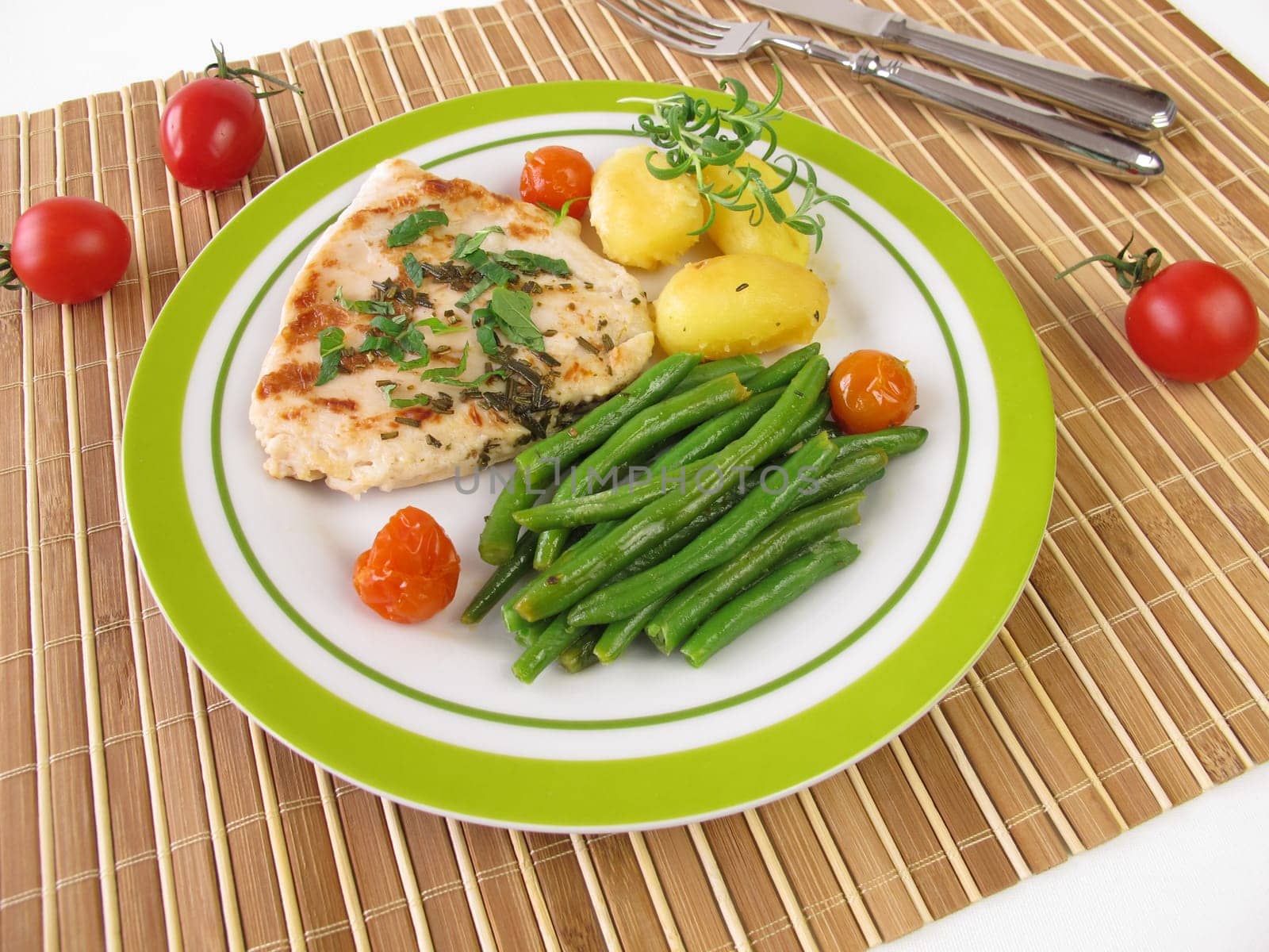 Chicken chips,beans and potatoes