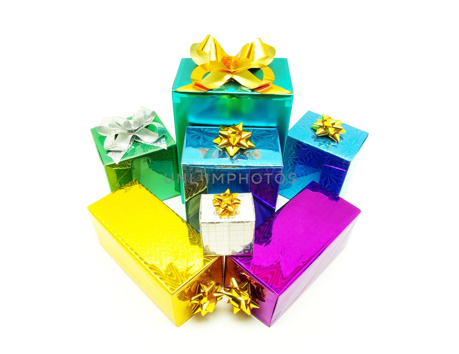 Christmas box gifts with satin bow isolated on white background