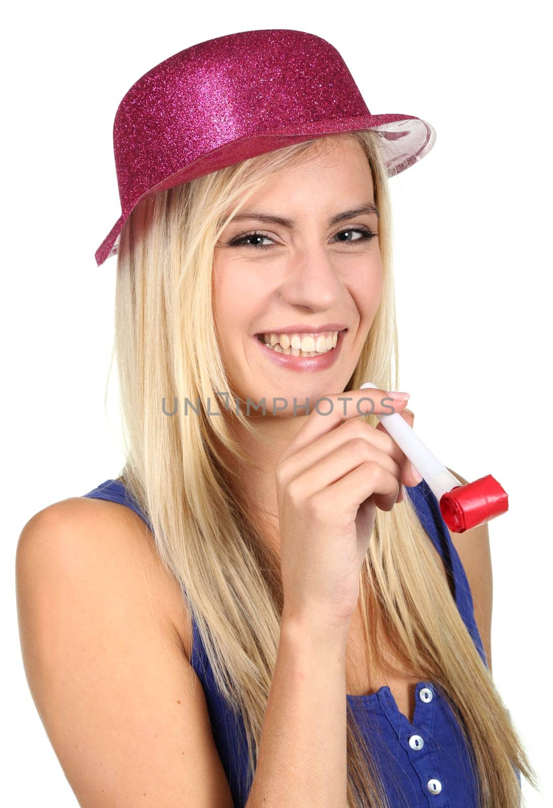 Beautiful laughing party girl in shiny hat and holding toy