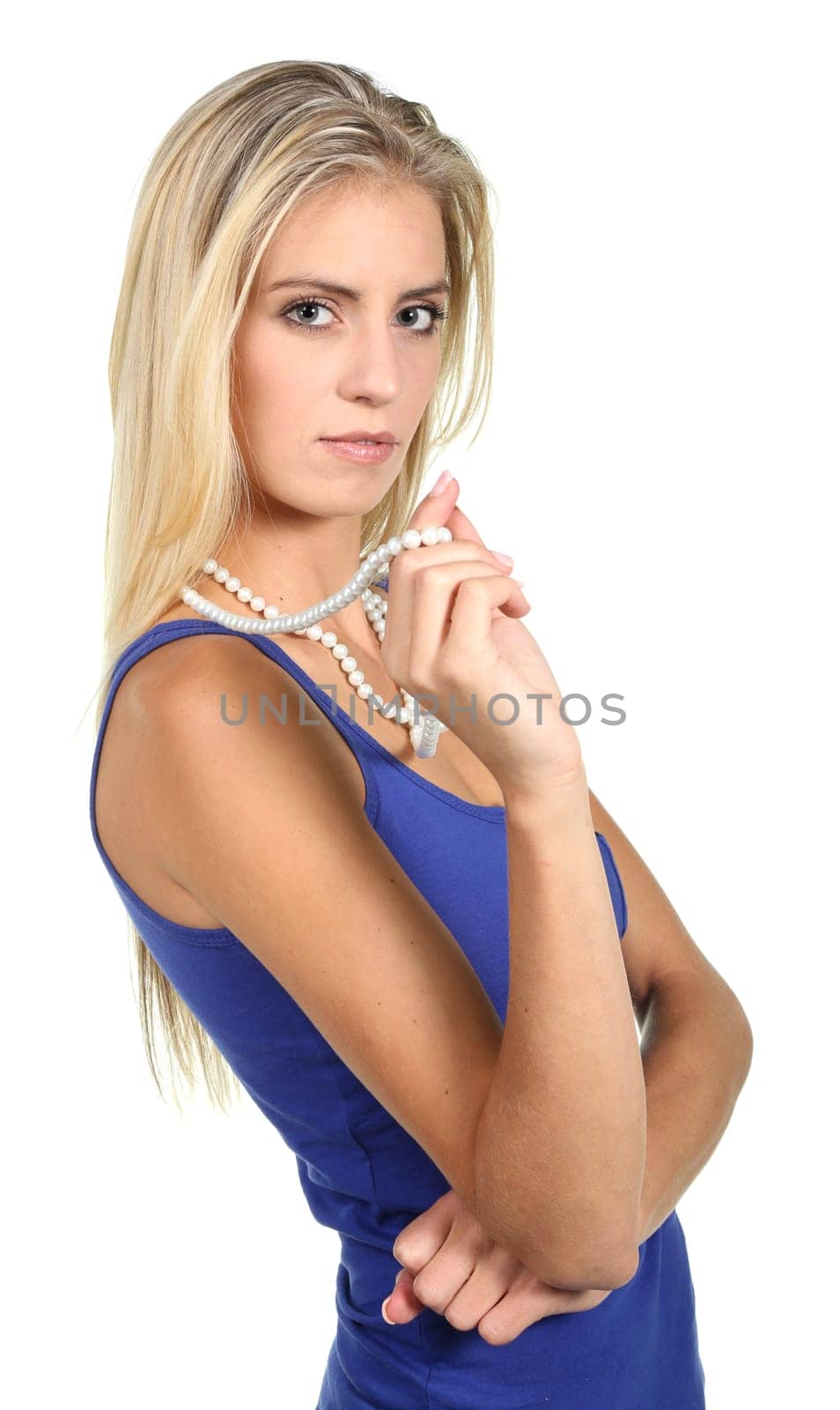 Beautiful blond lady with a string of pearls on white background
