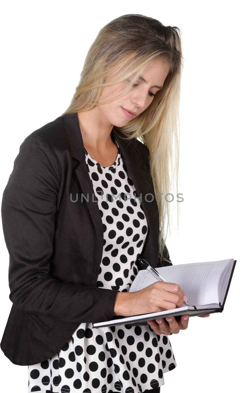 Office worker or manager lady writing notes in her journal or diary