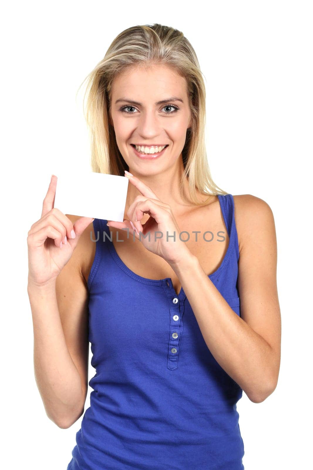 Lovely blond lady holding awhite business card isolated on white
