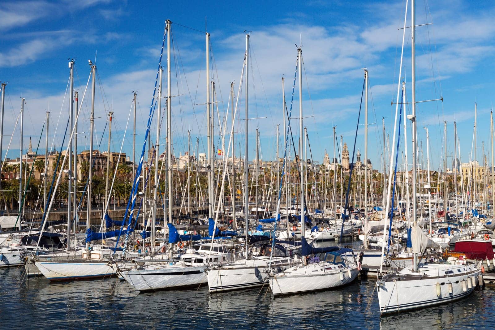 Marina at the Port of Barcelona in Spain illuminated by the sun.
