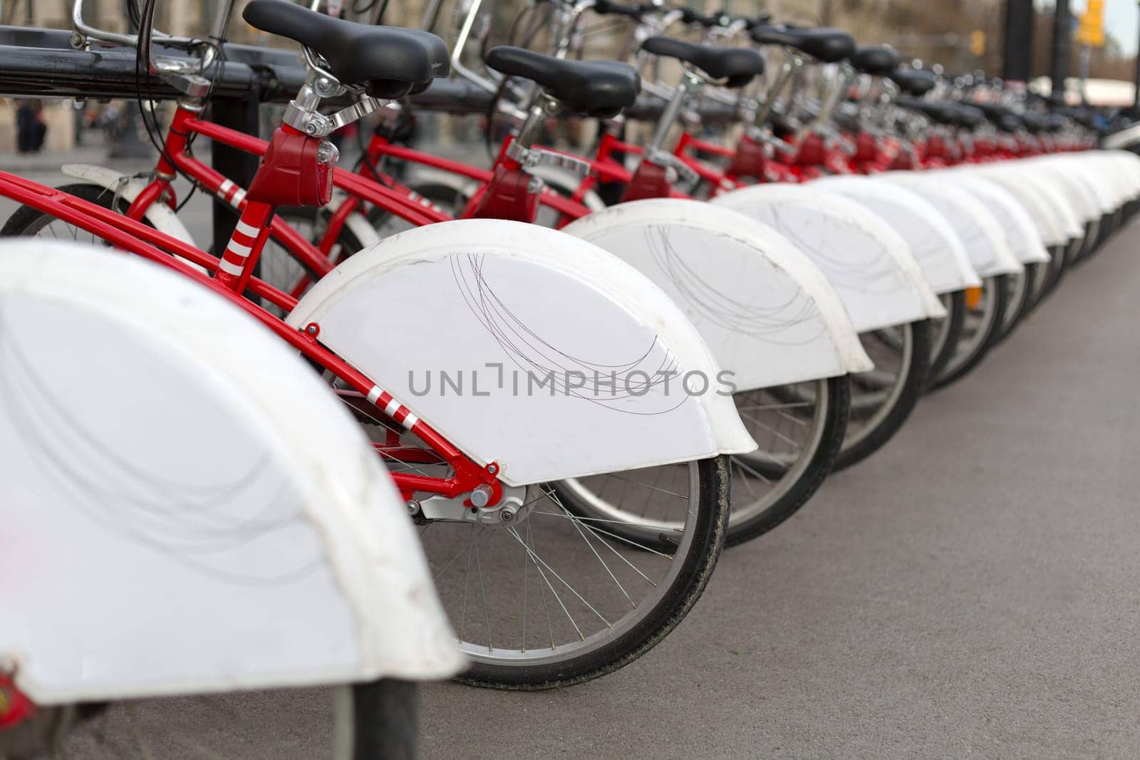 Details city tour bicycles parked in Barcelona, Spain. Shallow depth of field.