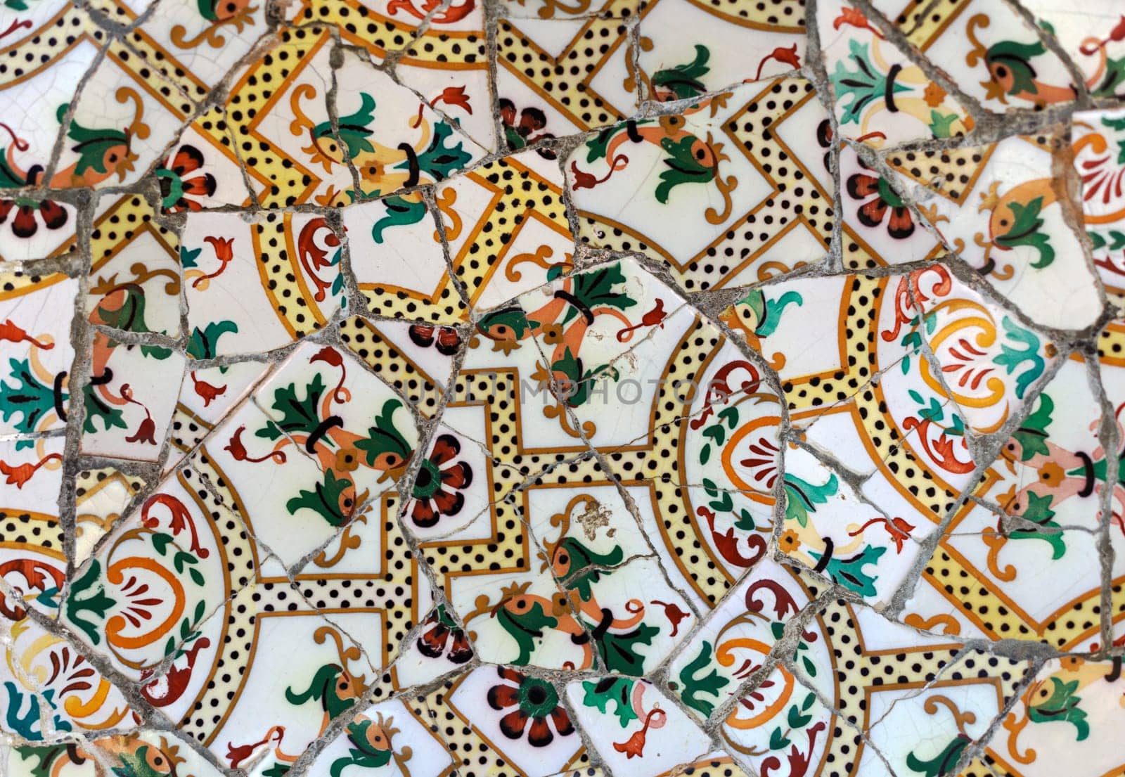 Detail of the ceramics from the Guadi in park Guell Barcelona, Spain.