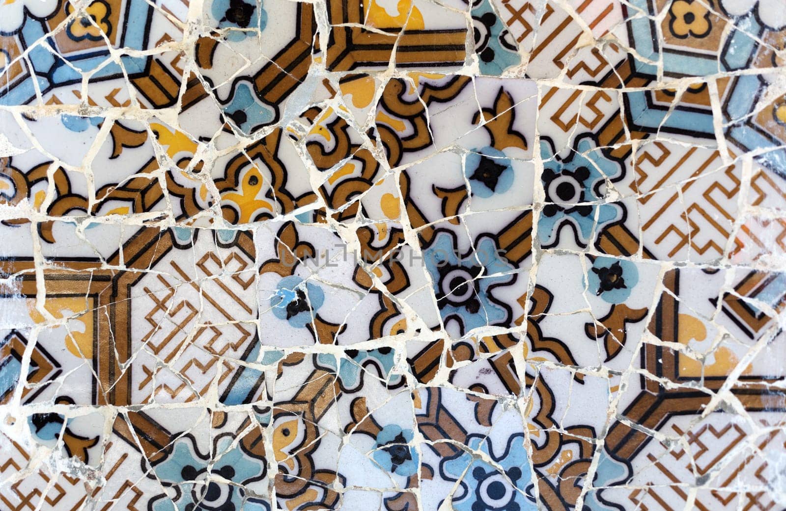 Close-up of the ceramics in Park Guell Barcelona created by Gaudi
