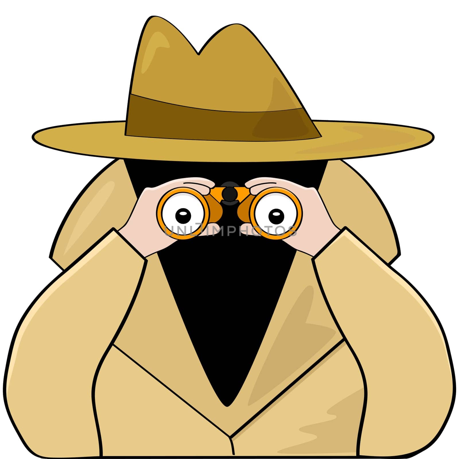 Cartoon illustration of a spy wearing a raincoat with a had and using binoculars to search for something